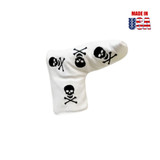 Blade/Boot Style Putter Cover in White American Leather with Dancing Skull Embroidery