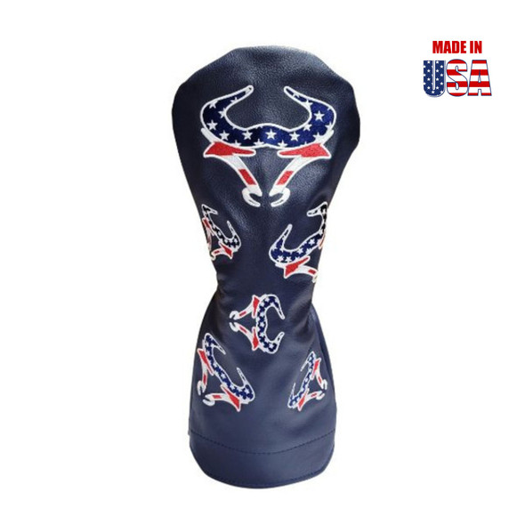 Navy American Leather Driver Headcover with Dancing Red, White and Blue Bull Embroidery