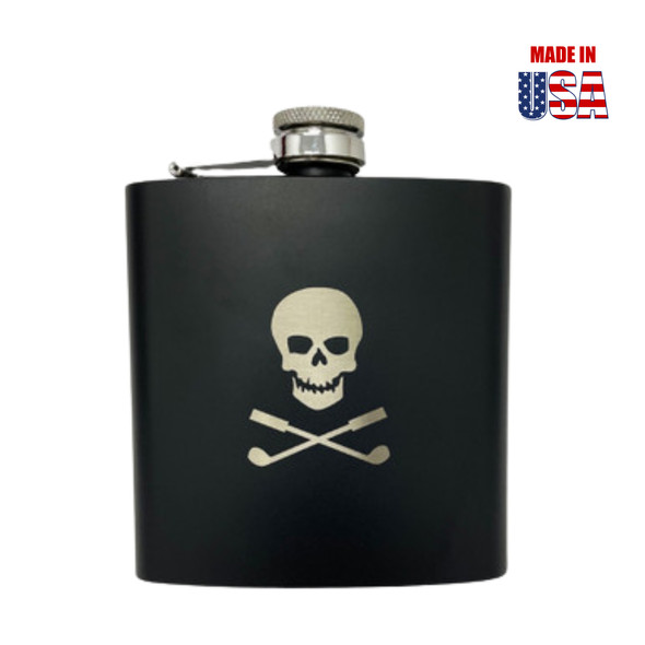 Stainless Steel Skull and Crossed Club Black Flask Front