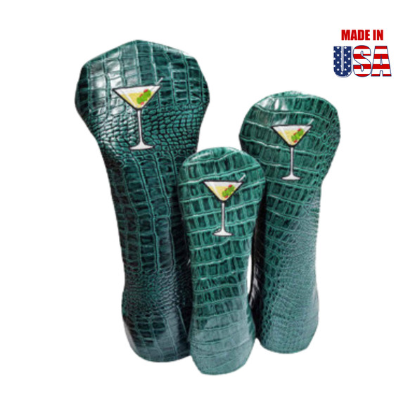 Martini Glass on Leaf Green Alligator Print Leather Headcover Set