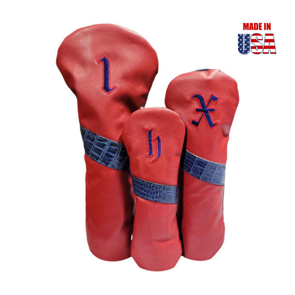 Iris Blue Alligator Stripe & Outline Vintage Embroidery on Red American Leather front and Navy back Headcover Set