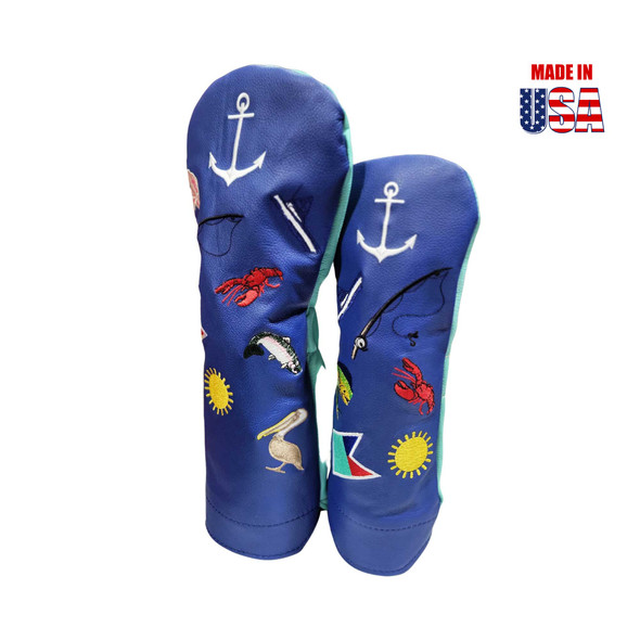 American Leather Driver & Fairway Ocean Blue Front, Luxury Blue Back Sport Fishing Headcover 2, winstoncollection.com