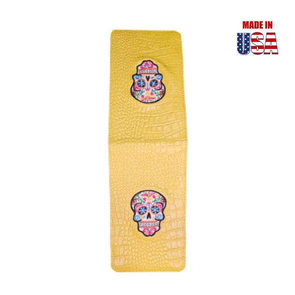 Scorecard Holder, Sugar Skull on Yellow Alligator Print Leather	2