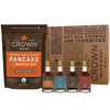 Crown Maple Sampler Royal Treatment Box with pancake mix and 4 maple syrup bottles: amber, vanilla, bourbon barrel aged and cinnamon