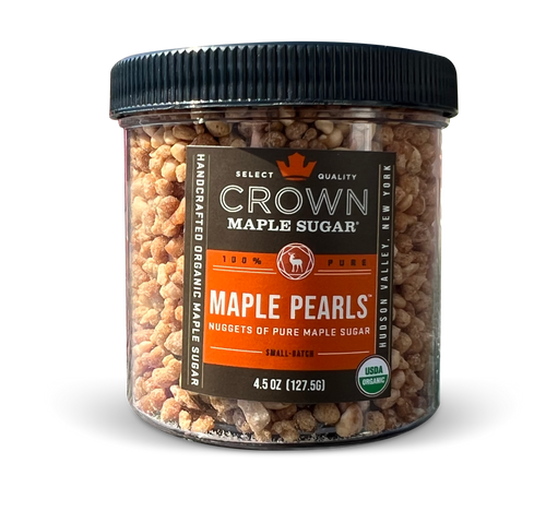 These Maple Pearls are nuggets of organic 100% pure Crown Maple sugar. Like our granulated maple sugar, Maple Pearls are organic and rich in antioxidants. They bring bursts of rich, crunchy, maple sweetness to homemade pancakes, baked goods, toast, oatmeal and more. Use them as a maple “crumble” to top muffins or breads, sprinkle over icing on cookies, or mix them into a batter to get bursts of maple sweetness as you bite into baked goods. Presented in an elegant glass jar.