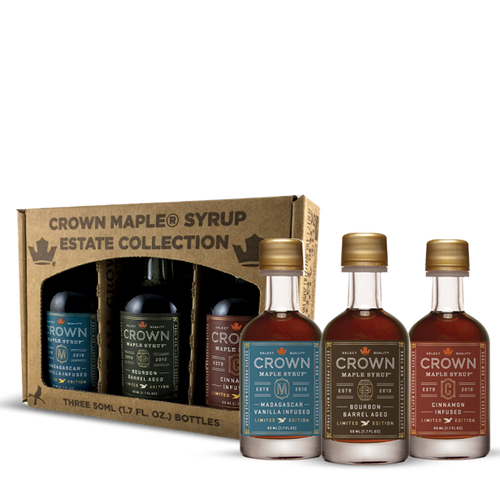 Artisan Infused maple syrup trio in petite 50ML (1.7 FL OZ) window box featuring bourbon, cinnamon & vanilla, front view