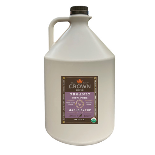 Very Dark Color Rich Taste 100% pure organic maple syrup Gallon, front label view