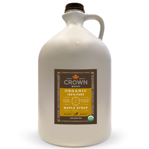 Dark Color Rich Taste 100% pure organic maple syrup Gallon, front label view Dark Color Rich Taste 100% pure organic maple syrup Gallon, front label view