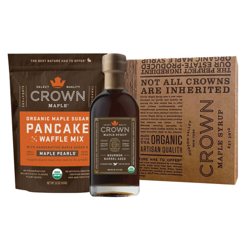 Organic Maple Sugar Pancake Mix with Bourbon Barrel Aged organic maple syrup with Royal Treatment Box Organic Maple Sugar Pancake Mix with Bourbon Barrel Aged organic maple syrup with Royal Treatment Box