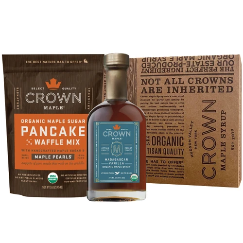 Organic Maple Sugar Pancake Mix with Madagascar Vanilla Infused organic maple syrup 375ml with Royal Treatment Box NO BAND
