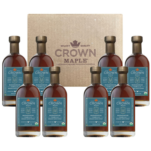 Case of 8 Madagascar Vanilla infused organic maple syrup bottles 250ML, with case shipper
