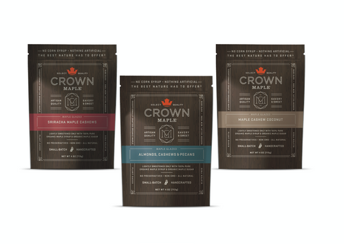Crown Maple® Maple Glazed Nuts Variety 3-Pack with one 4 oz Bag of each flavor: Almonds, Cashews & Pecans; Sriracha Maple Cashews; and, Maple Cashew Coconut; SAVE 10%