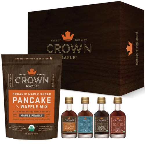 Crown Maple Sampler Royal Treatment Box with pancake mix and 4 maple syrup bottles: amber, vanilla, bourbon barrel aged and cinnamon