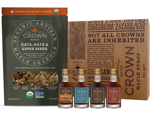 Organic artisan maple granola Oats, Nuts & Super Seeds 20 oz with 4 maple syrups: Amber, Bourbon, Vanilla & Cinnamon and Royal treatment box