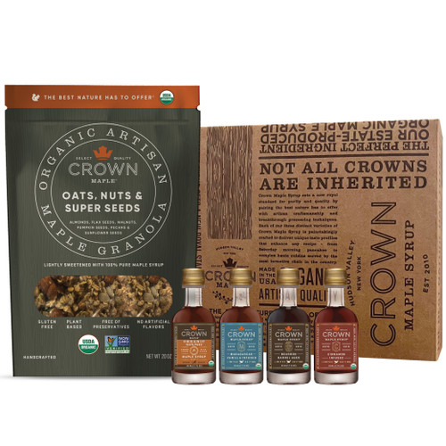 Organic artisan maple granola Oats, Nuts & Super Seeds 20 oz with 4 maple syrups: Amber, Bourbon, Vanilla & Cinnamon and Royal treatment box Organic artisan maple granola Oats, Nuts & Super Seeds 20 oz with 4 maple syrups: Amber, Bourbon, Vanilla & Cinnamon and Royal treatment box