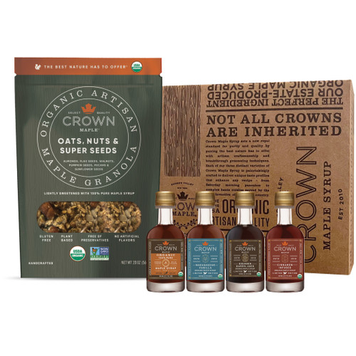 Organic artisan maple granola Oats, Nuts & Super Seeds 20 oz with 4 maple syrups: Amber, Bourbon, Vanilla & Cinnamon and Royal treatment box