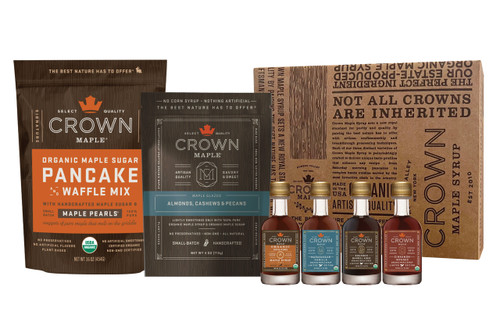 Crown Maple Sampler Royal Treatment Box with pancake mix, maple glazed nuts and 4 maple syrup bottles: amber, vanilla, bourbon barrel aged and cinnamon.