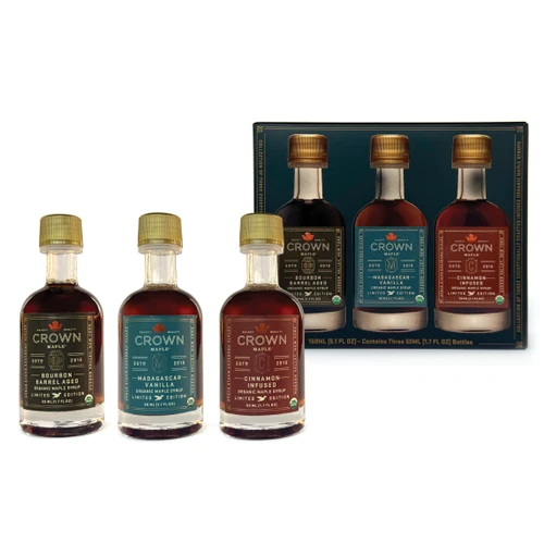 Artisan Infused maple syrup trio in petite 50ML (1.7 FL OZ) window box featuring bourbon, cinnamon & vanilla, front view