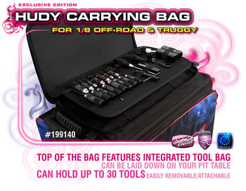 This exclusive-edition bag also features two straps for easy connection to a separate HUDY Tool Bag. The separate HUDY Tool Bag can hold up to 30 tools and can be easily removed from the bag and laid down on the pit table. Super-strong stretchy xylan holds the tools and will keep its stretchy characteristics long time.