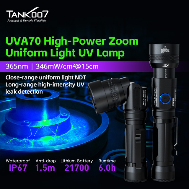 UVA70 365nm ultraviolet black light flashlight, professional-grade uniform ultraviolet light, suitable for industrial non-destructive testing and forensic examination.
