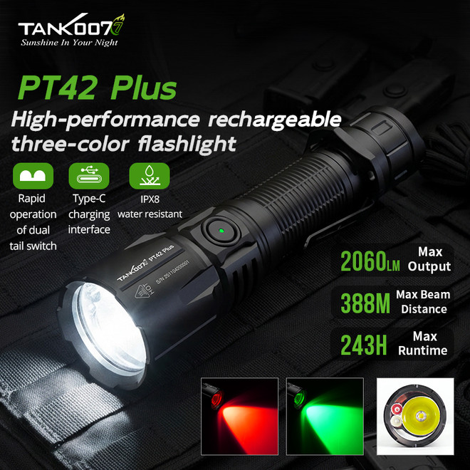 PT42 Plus High Power Tactical Flashlight Outdoor Waterproof 2060LM Three Color Green Red Light Torch Light Rechargeable