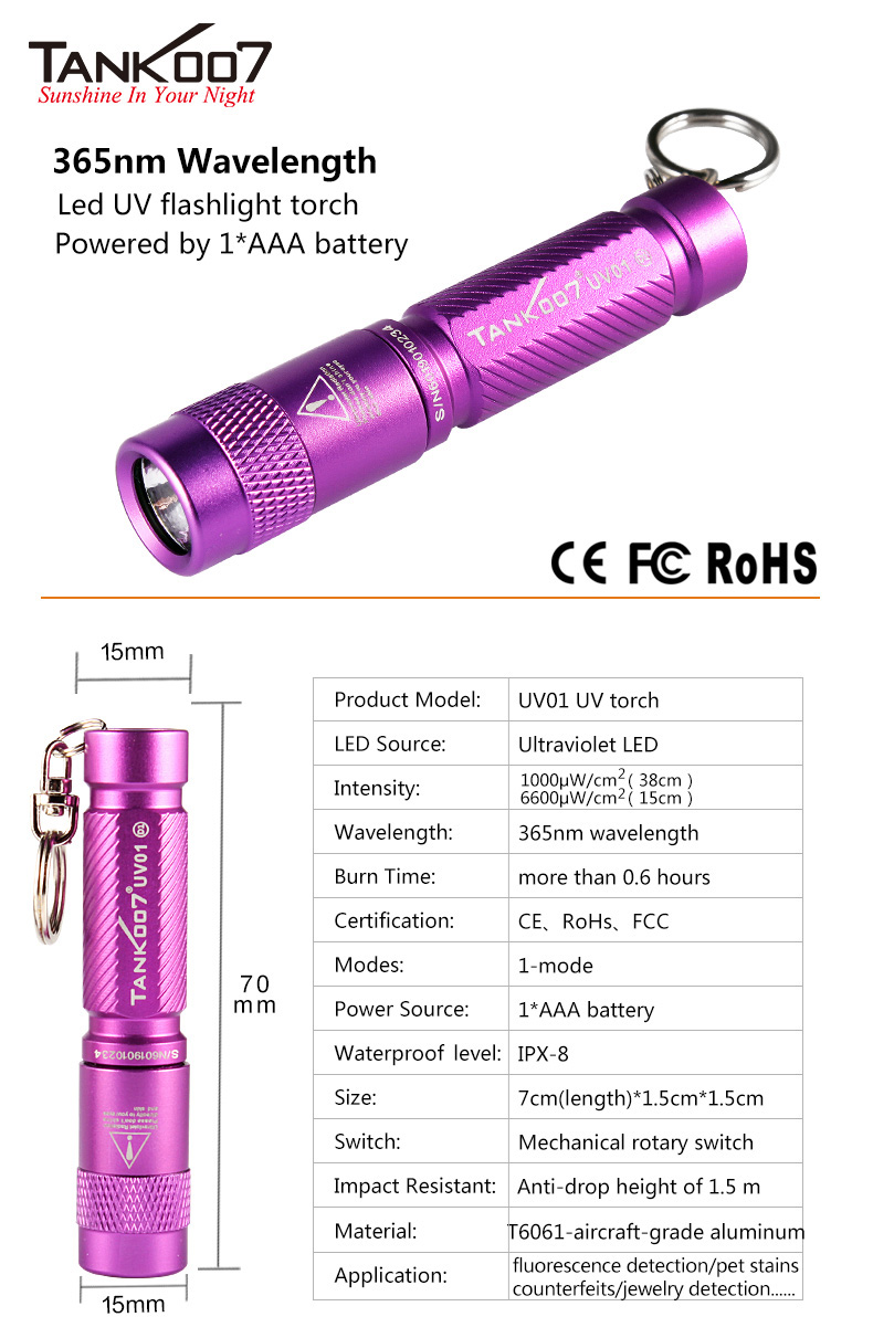 TANK007 UV03 365 nm Portable AAA Battery Powered UV Flashlight