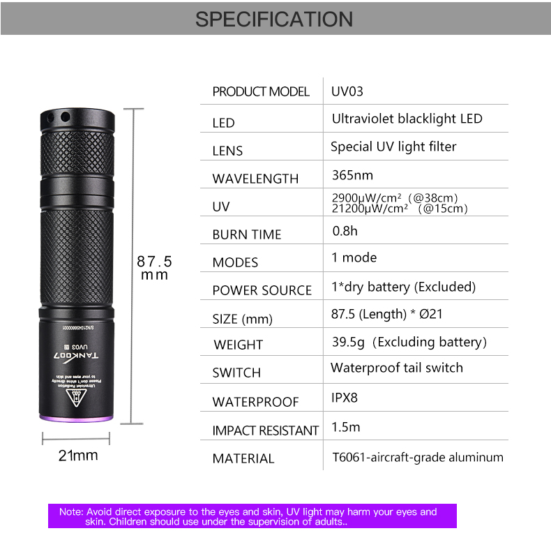 TANK007 UV03 365 nm Portable AAA Battery Powered UV Flashlight - TANK007  ONLINE SPECIALITY STORE