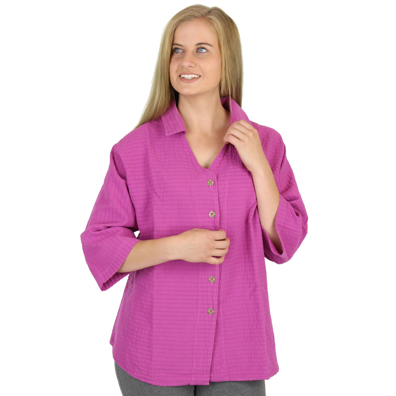 Cotton Seersucker Blouse with 3 Qtr Sleeves Mirage Cotton