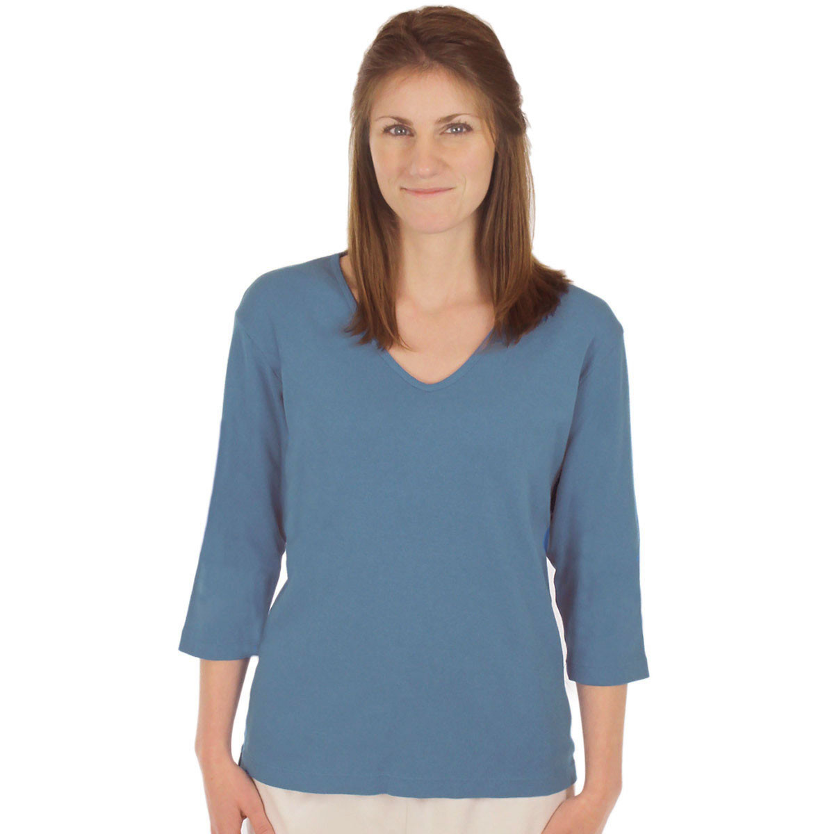 Cotton Tee Shirt 3 Qtr Sleeve V-Neck Solid Colors Sea Breeze