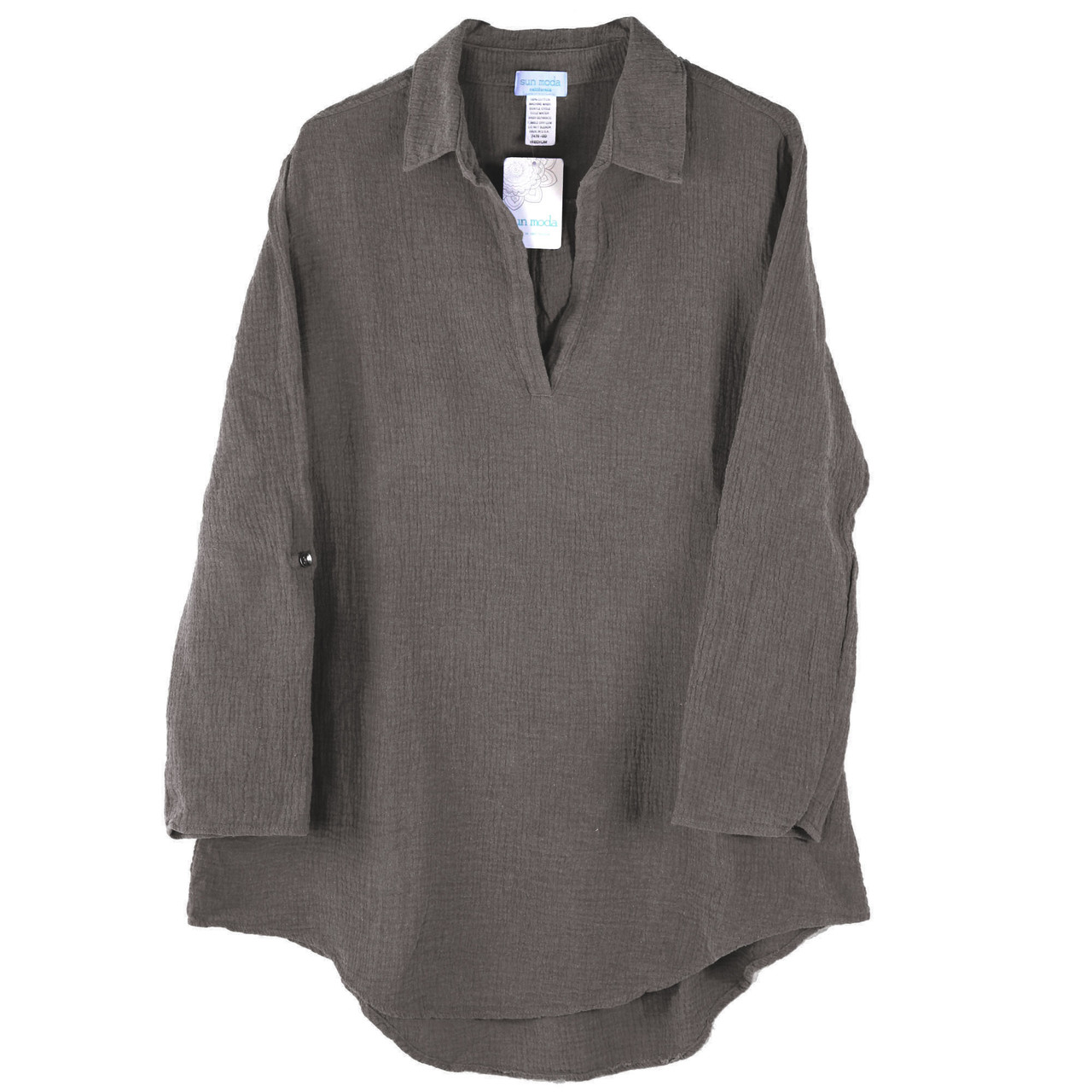 Womens 100% Cotton Tunic Long Sleeve V Neck Gauze Shirt Casual