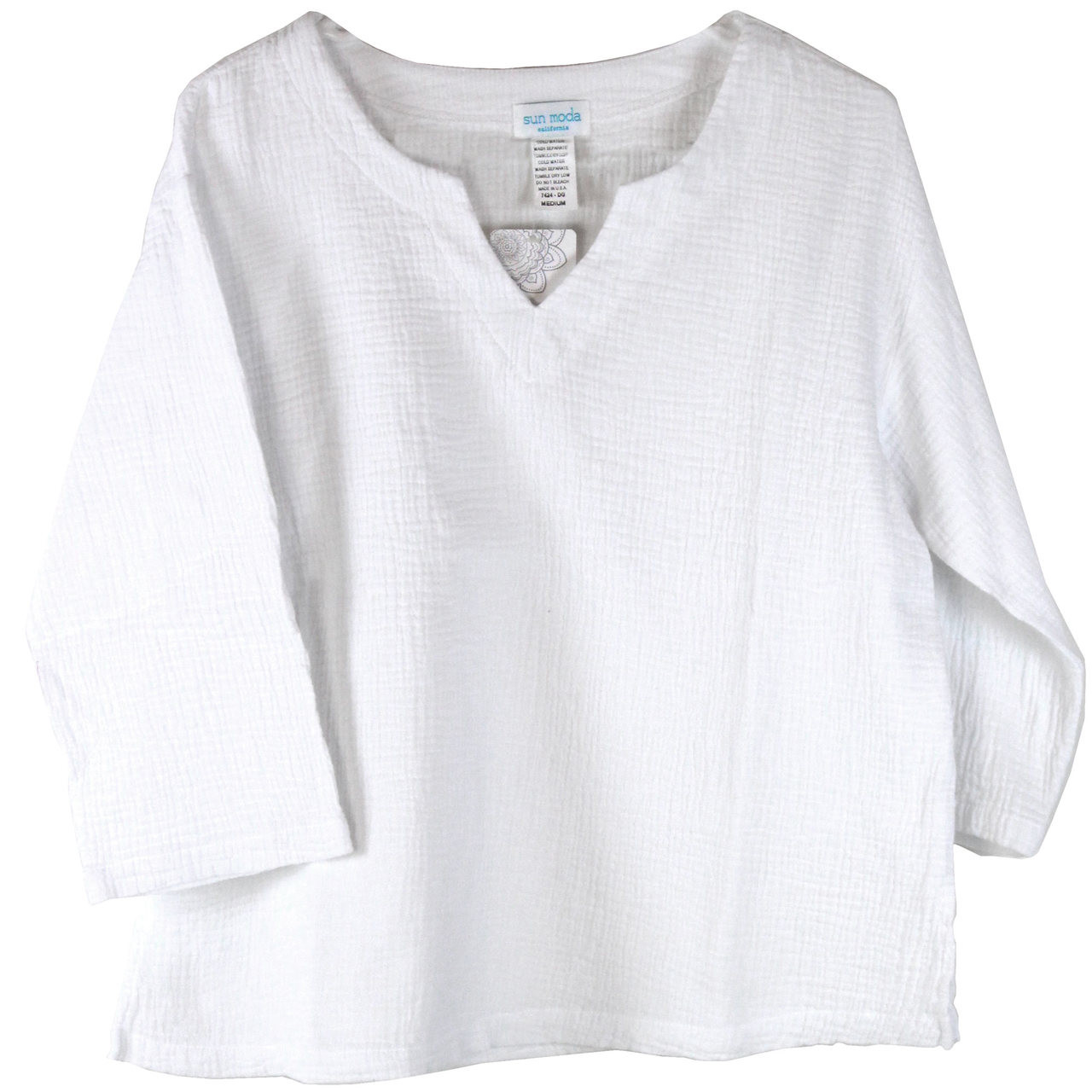 100% Cotton Double Gauze 3/4 Sleeve V Neck Top - 7424-DG
