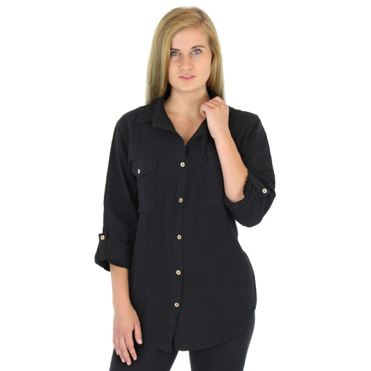 Crinkle Cotton 3 Qtr Slv Jeans Shirt Black