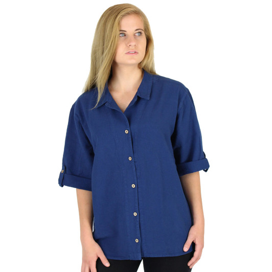Crinkle Cotton Half-Sleeve Tab Shirt (370) Midnite
