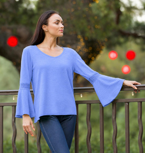 ICanToo Women’s 100% Cotton Slub Jersey Bell-Sleeve Top with Crochet Insets – Made in USA