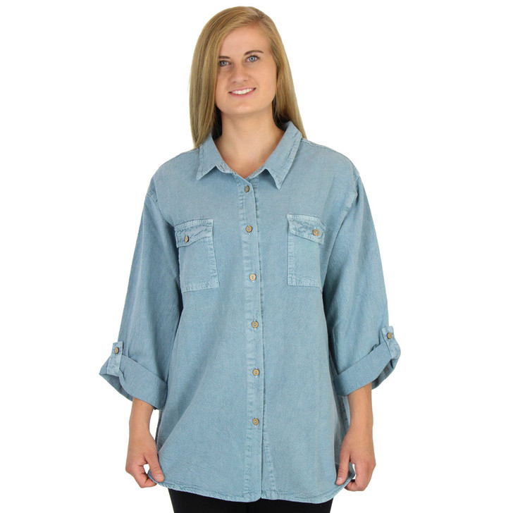 Crinkle Cotton 3 Qtr Slv Jeans Shirt Liberty Green