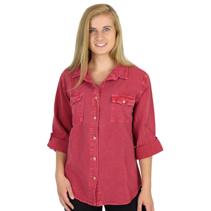Crinkle Cotton 3 Qtr Slv Jeans Shirt Barn Red