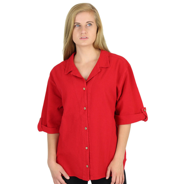 Crinkle Cotton Half-Sleeve Tab Shirt (370) Ruby Red