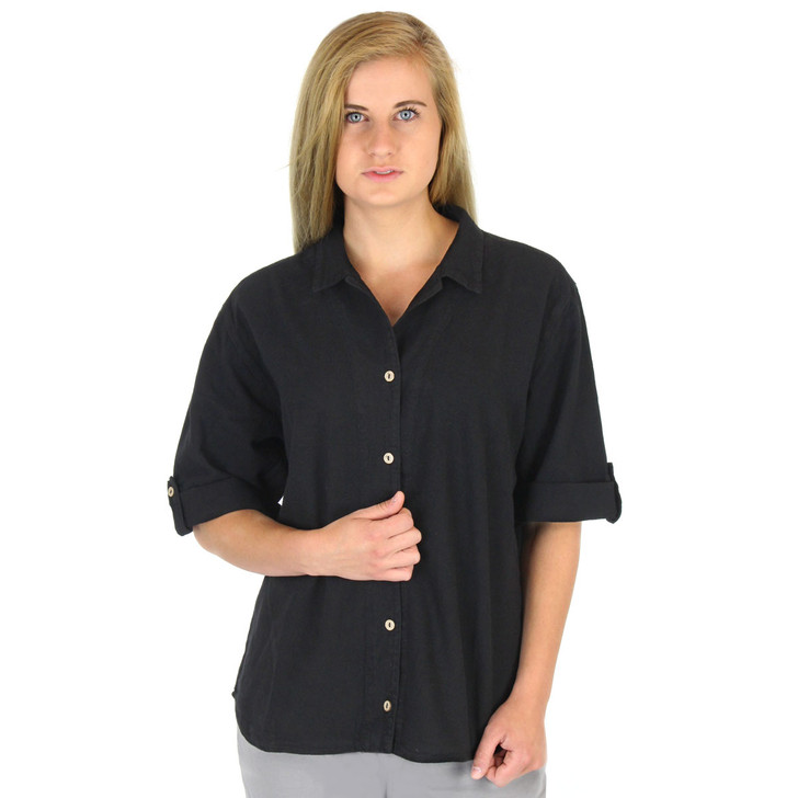 Crinkle Cotton Half-Sleeve Tab Shirt (370) Black