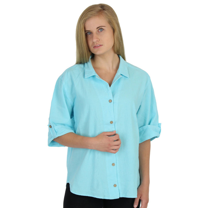 Crinkle Cotton Half-Sleeve Tab Shirt (370) Seaglass