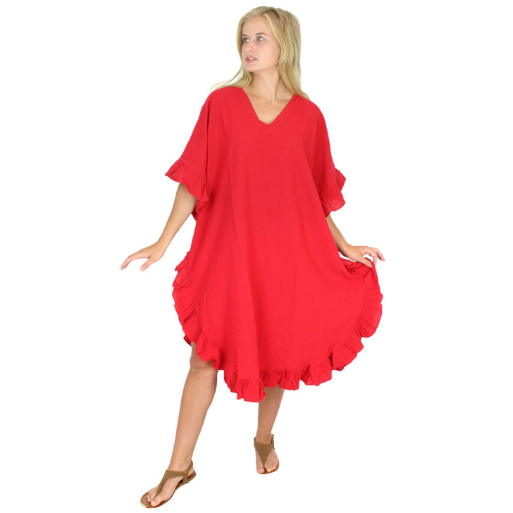 Crinkle Cotton Kaftan Dress Red