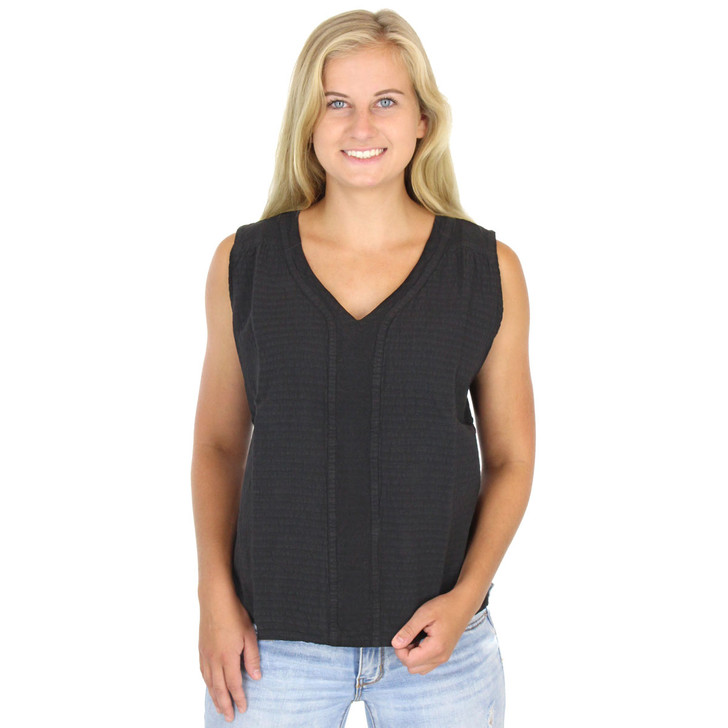 Cotton Mirage Seersucker Sleeveless V Neck Blouse Black