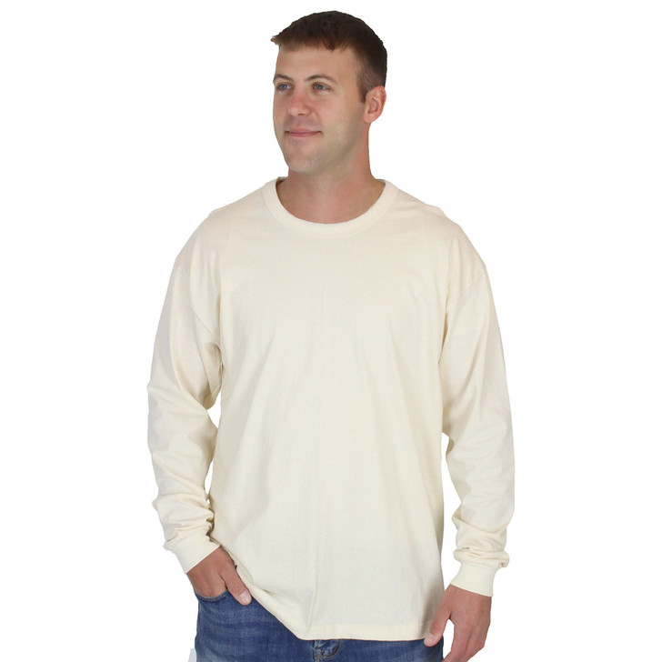 Mens NATURAL Long Sleeve 100% Organic Cotton Hypoallergenic Crew Neck Tee Grown and Made in USA