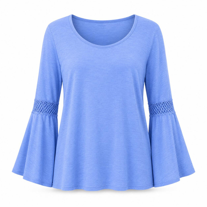 ICanToo Women’s 100% Cotton Slub Jersey Bell-Sleeve Top with Crochet Insets – Made in USA