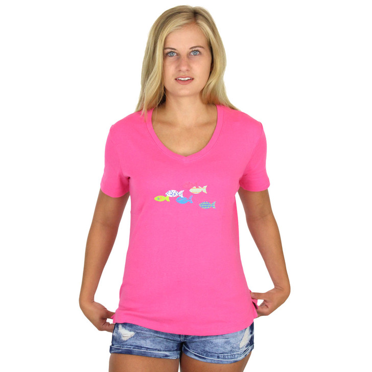 Rib Knit Cotton Short Sleeve Tees with Designs - School of Fish on Sorbet