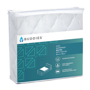 Buddies Excel Waterproof Extra Soft Bed Pad with Tuck-Ins 90cm*100cm 3500ml White, Each