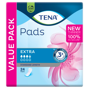 TENA Pads Extra Standard Length, Pk24 (sold as a pack, can be purchased as a carton of 12 packs)