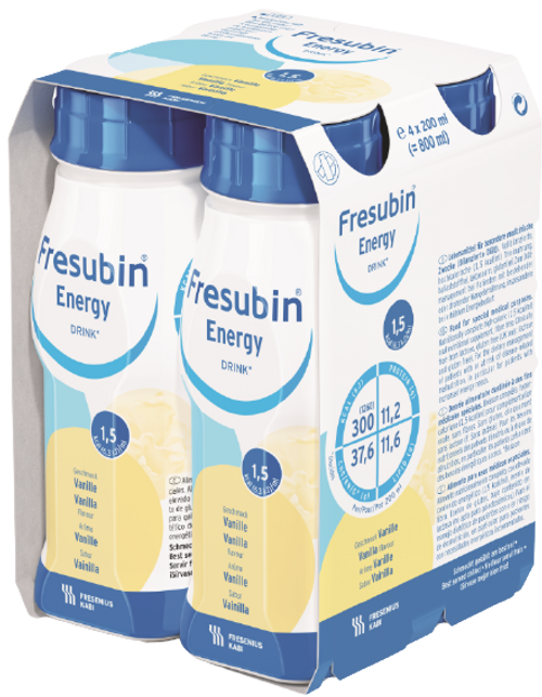Fresubin Energy Drink 200mL EasyBottle Vanilla, Pack/4 - This product is currently OOS with the supplier until approx July 2024. Please contact us to discuss alternative products.