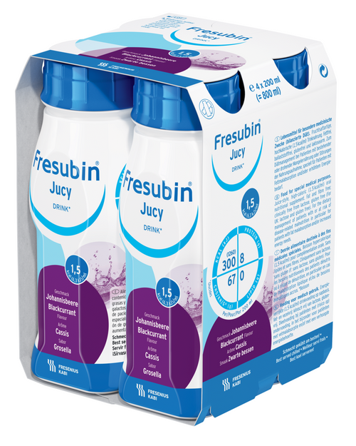 Fresubin Jucy DRINK 200mL EasyBottle Blackcurrant, Pack/4 - This product is currently OOS with the supplier until approx July 2024. Please contact us to discuss alternative products.