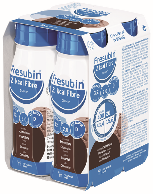 Fresubin 2kcal Fibre DRINK 200mL EasyBottle Chocolate, Pack/4 - This product is currently OOS with the supplier until approx July 2024. Please contact us to discuss alternative products.