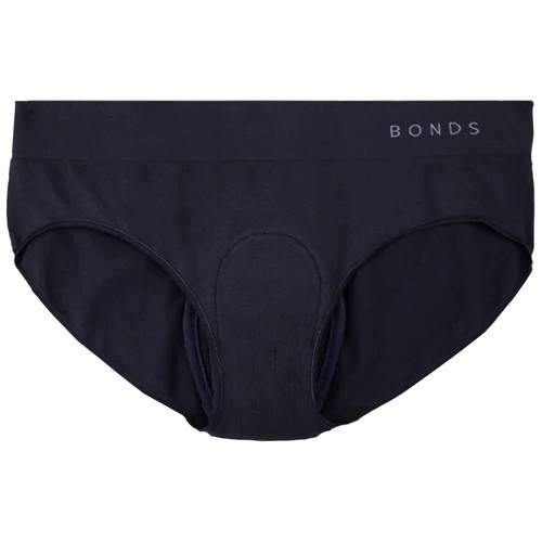 NIGHT N DAY x BONDS branded Women's Comfytails Side Seamfree Midi Brief 100% Cotton w/ absorbent, waterproof pad sewn-in | Size 18 (W88cm, H113cm) | 250ml capacity pad | BLACK\r\n